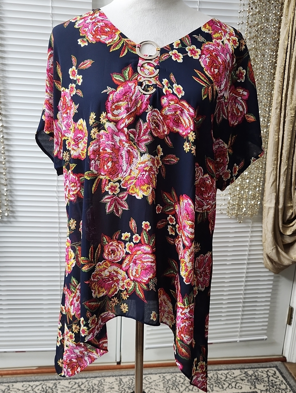Sami & Jo Navy Floral Ring-Front Short Sleeve Blouse